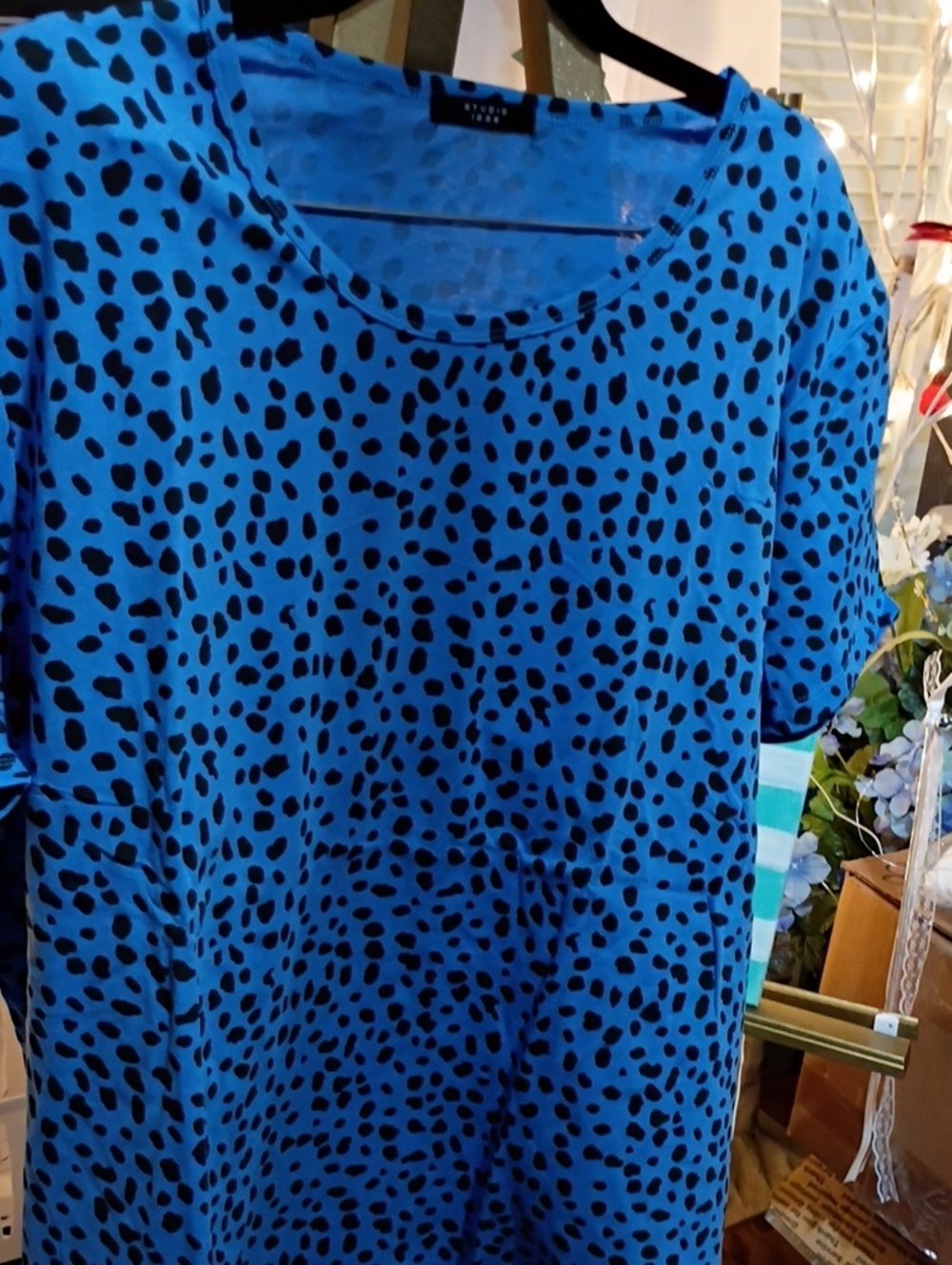 Studio 1886 Blue Short-Sleeve Scoop Neck Top with Black Spot Print